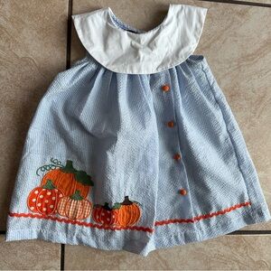Blue and White pinstripe dress with Pumpkins